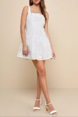 Exuberant Elegance White Jacquard Drop Waist Mini Dress