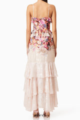 Perla Irregular floral print maxi dress in pink red