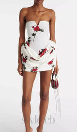 FLORAL-PRINTED PLEATED STRAPLESS MINI DRESS IN WHITE