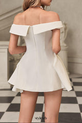 metal detail a-line off-shoulder mini dress in white