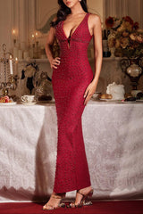 kelly Plunge Neck Pearl Maxi Dress in burgundy