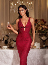 kelly Plunge Neck Pearl Maxi Dress in burgundy