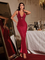kelly Plunge Neck Pearl Maxi Dress in burgundy