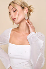 Flirty Luxury Ivory Mesh Pearl Long Sleeve Mini Dress