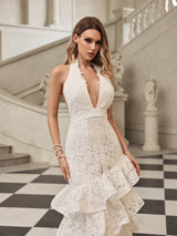 hazel white Deep V-neck halterneck layer ruffle trim maxi dress