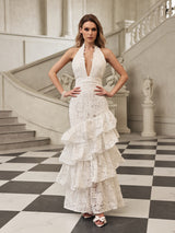 hazel white Deep V-neck halterneck layer ruffle trim maxi dress