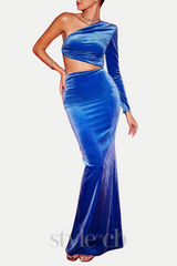 Gianni One Shoulder Velvet Cutout Maxi Dress