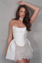 vicky pearl lace embellished bandage mini dress in white