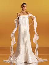 quintina Off Shoulder Pleated Maxi Dress in apricot