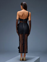 joanna One-Shoulder Bow-Floral Mesh Dress in black