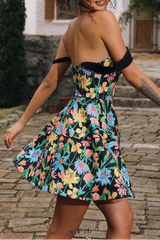 simona Colorful print A Line Strap Satin mini Dress