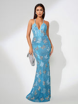 jennifer Sequin Butterflies embellished Maxi Dress in blue