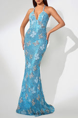 jennifer Sequin Butterflies embellished Maxi Dress in blue