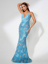 jennifer Sequin Butterflies embellished Maxi Dress in blue