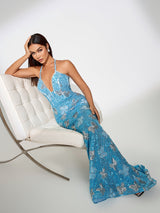 jennifer Sequin Butterflies embellished Maxi Dress in blue