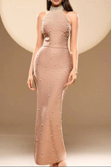 irene Halter Pearl Embellished Maxi Dress in Nude