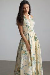 deirdre Floral Print Deep V Neck Midi Dress in yellow