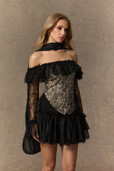 delia Black Off Shoulder Lace Corset Mini Dress
