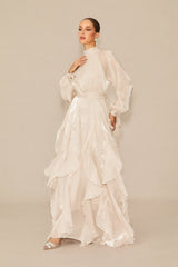 pandora Puff Sleeve Ruffle Trim Maxi Dress in apricot