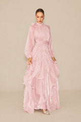 pandora Puff Sleeve Ruffle Trim Maxi Dress in pink