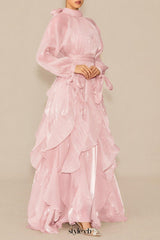pandora Puff Sleeve Ruffle Trim Maxi Dress in pink