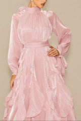 pandora Puff Sleeve Ruffle Trim Maxi Dress in pink