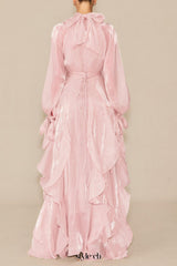 pandora Puff Sleeve Ruffle Trim Maxi Dress in pink