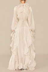 pandora Puff Sleeve Ruffle Trim Maxi Dress in apricot