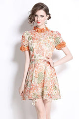 Embroidered hollow floral puff sleeves mini dress