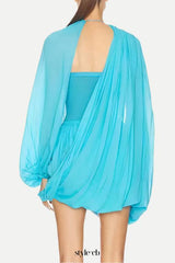 susanna Long Sleeve Fold Splice Mini Dress in blue