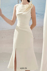 alani flower slim split midi dress in apricot