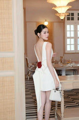 joanna backless flower bow embellished mini dress in white