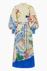 lynn Single-breasted long lantern sleeves with graffiti print maxi dress