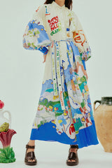 lynn Single-breasted long lantern sleeves with graffiti print maxi dress