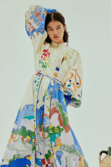 lynn Single-breasted long lantern sleeves with graffiti print maxi dress