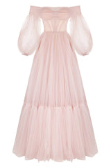 Misty Rose Sheer Sleeves Maxi Tulle Dress