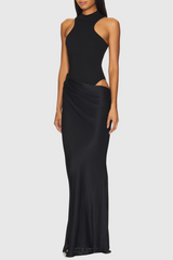 Ilya Asymmetrical Cutout Satin Maxi Dress in Black