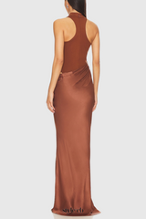 Ilya Asymmetrical Cutout Satin Maxi Dress in Brown