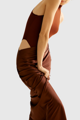 Ilya Asymmetrical Cutout Satin Maxi Dress in Brown