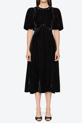 vicky black rhinestone embellished velvet puff sleeve maxi dress