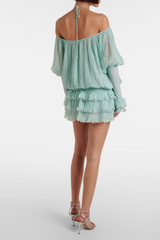 Halter Pleated Ruffle Mini Dress in green