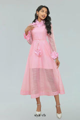 vicky flower embellished lace midi dress in pink