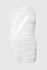 zenobia Asymmetric Shawl One Shoulder Ruched Mini Dress in White