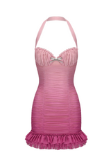 Halter Mesh Gradient Rushed Mini Dress in Pink