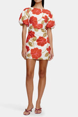 multicolor Printed puff-sleeve crinkled linen mini dress