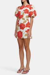 multicolor Printed puff-sleeve crinkled linen mini dress