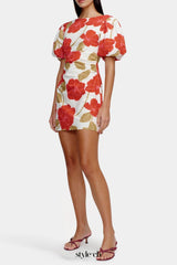 multicolor Printed puff-sleeve crinkled linen mini dress