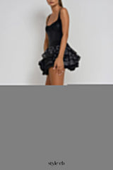 renata square neck flower velvet mini dress in black