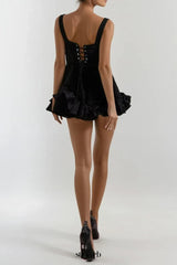 renata square neck flower velvet mini dress in black