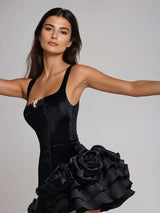 renata square neck flower velvet mini dress in black